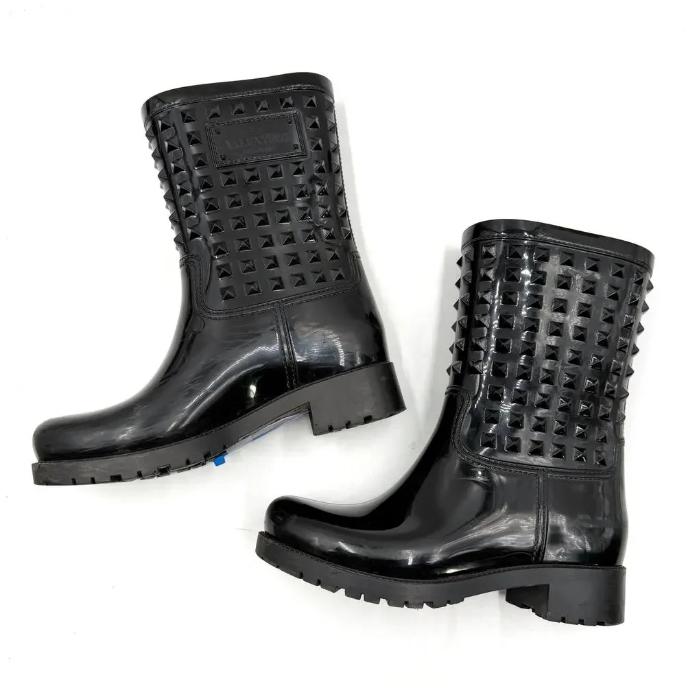 Valentino Rockstud Rainboots‎ Black Mid Calf Rubber Waterproof Sz 37 / 7 Women's